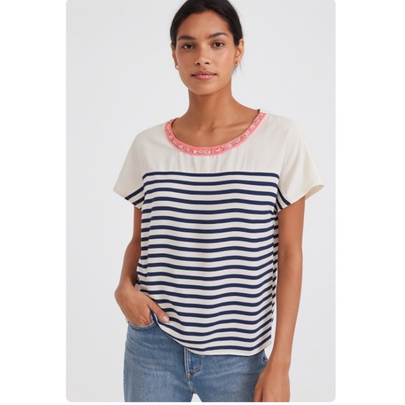 Anthropologie Maeve Striped Jeweled Neck Short Sleeve Blouse Cream/Blue Size M - Picture 1 of 6